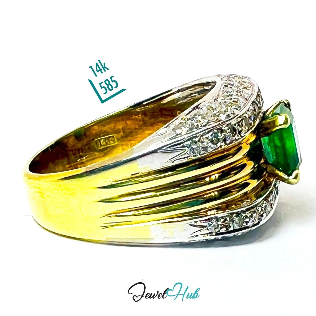 14K Gold Emerald Diamond Ring · 1.01ct Emerald · UK N · US 7 · Textured Crest Band - JewelHub.co.uk