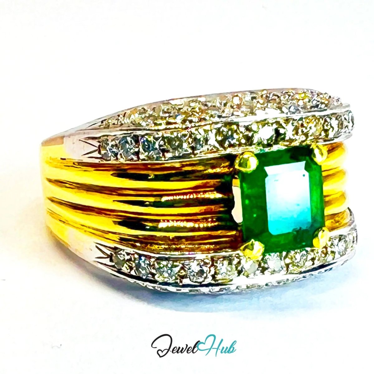 14K Gold Emerald Diamond Ring · 1.01ct Emerald · UK N · US 7 · Textured Crest Band - JewelHub.co.uk