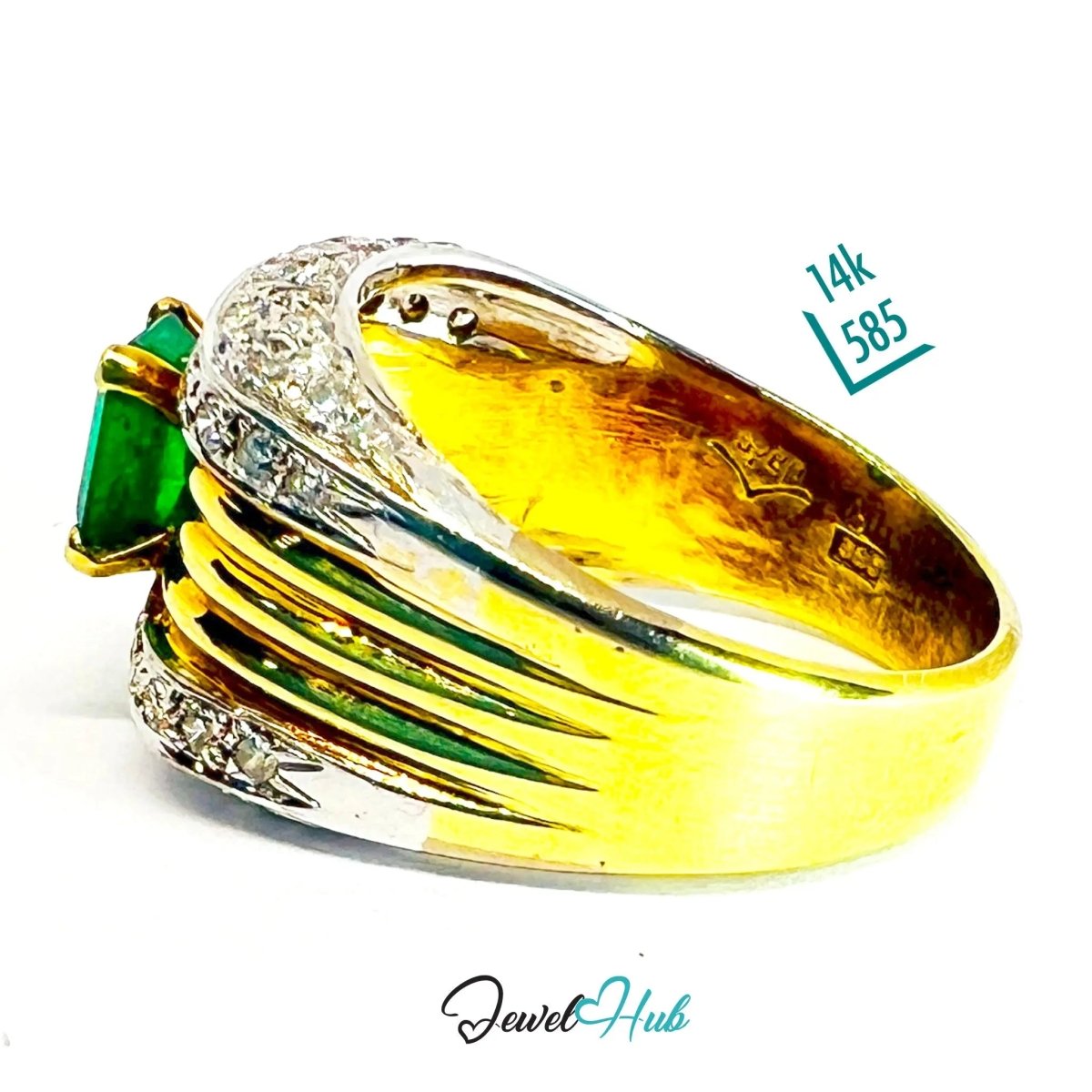 14K Gold Emerald Diamond Ring · 1.01ct Emerald · UK N · US 7 · Textured Crest Band - JewelHub.co.uk
