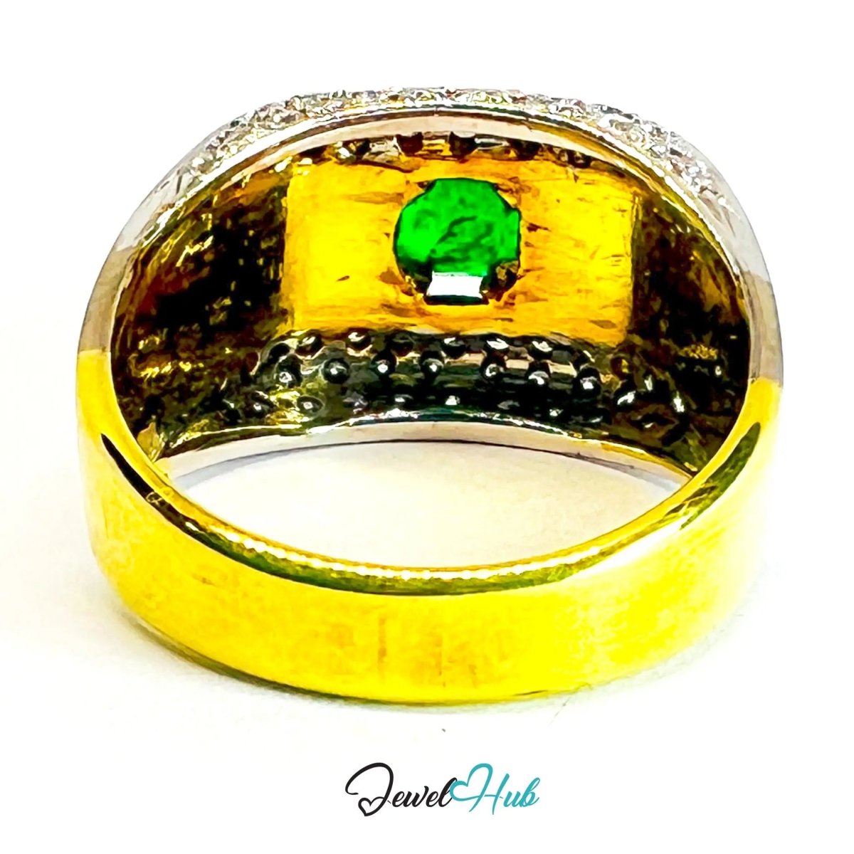14K Gold Emerald Diamond Ring · 1.01ct Emerald · UK N · US 7 · Textured Crest Band - JewelHub.co.uk