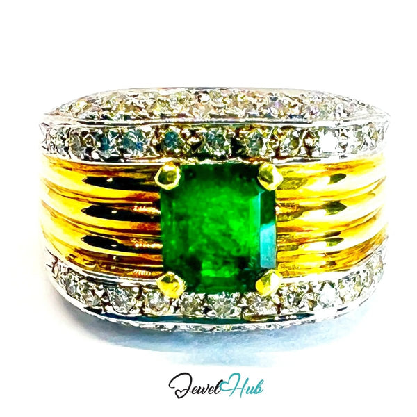 14K Gold Emerald Diamond Ring · 1.01ct Emerald · UK N · US 7 · Textured Crest Band - JewelHub.co.uk