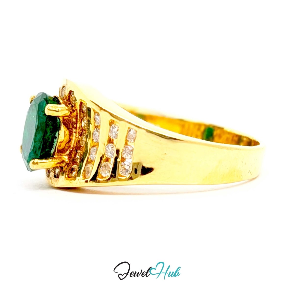 A 14k yellow gold ring featuring a large emerald-cut green gemstone and small clear stones set along the shoulders, shown on a white background with a 'JewelHub' watermark.