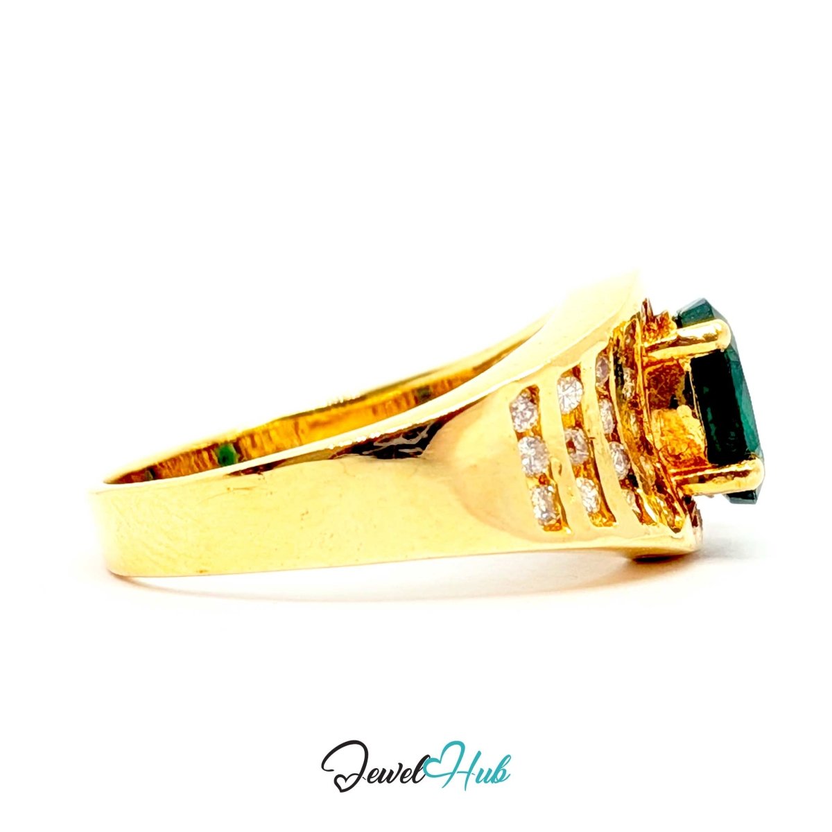 A yellow 14k gold ring featuring a rectangular dark green emerald-cut center stone and a row of small clear accent stones on the band, shown against a plain white background with a 'JewelHub' watermark at the bottom.
