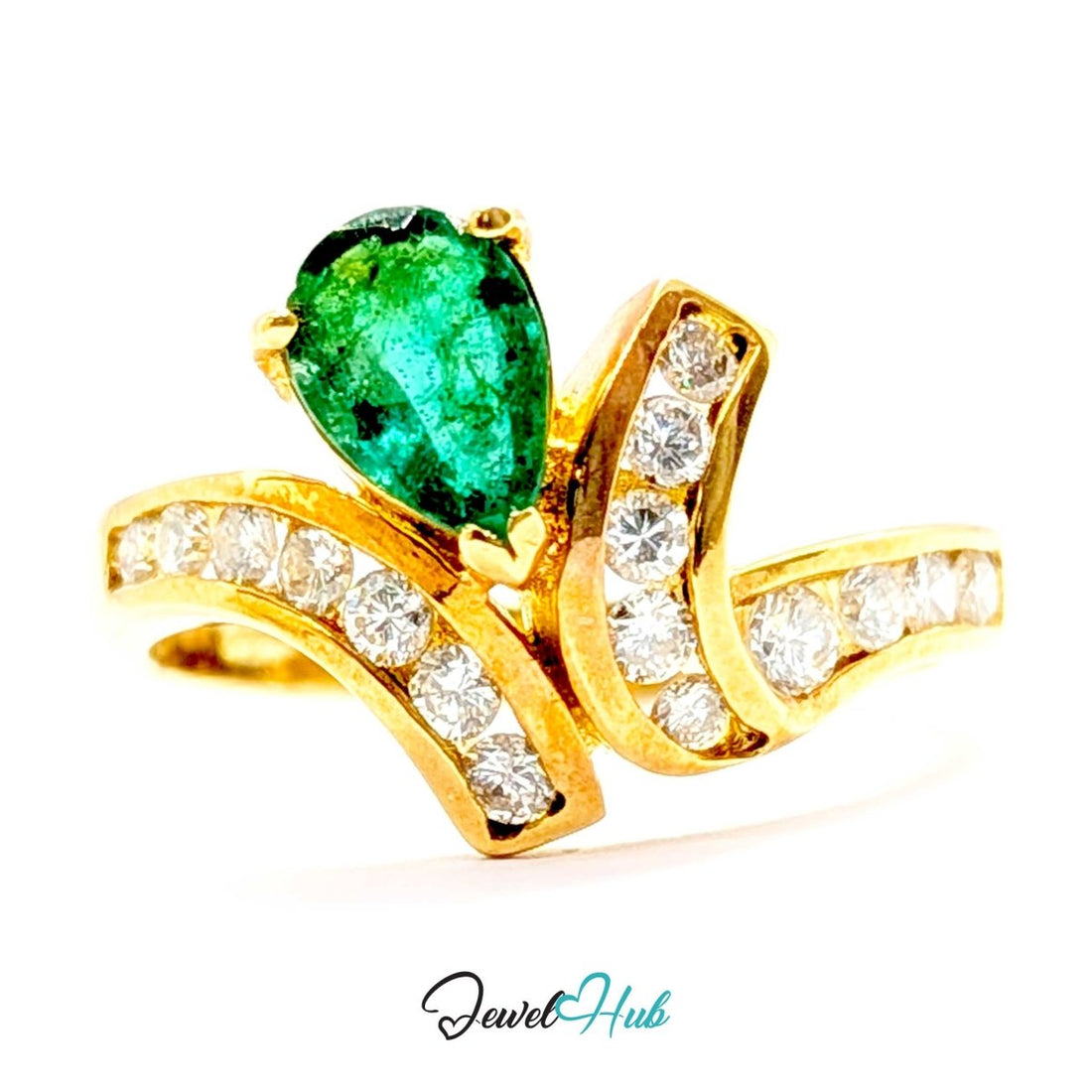 A 14k gold ring featuring a large pear-cut green emerald center stone and curved gold bands set with small clear stones, shown on a white background with a JewelHub watermark.