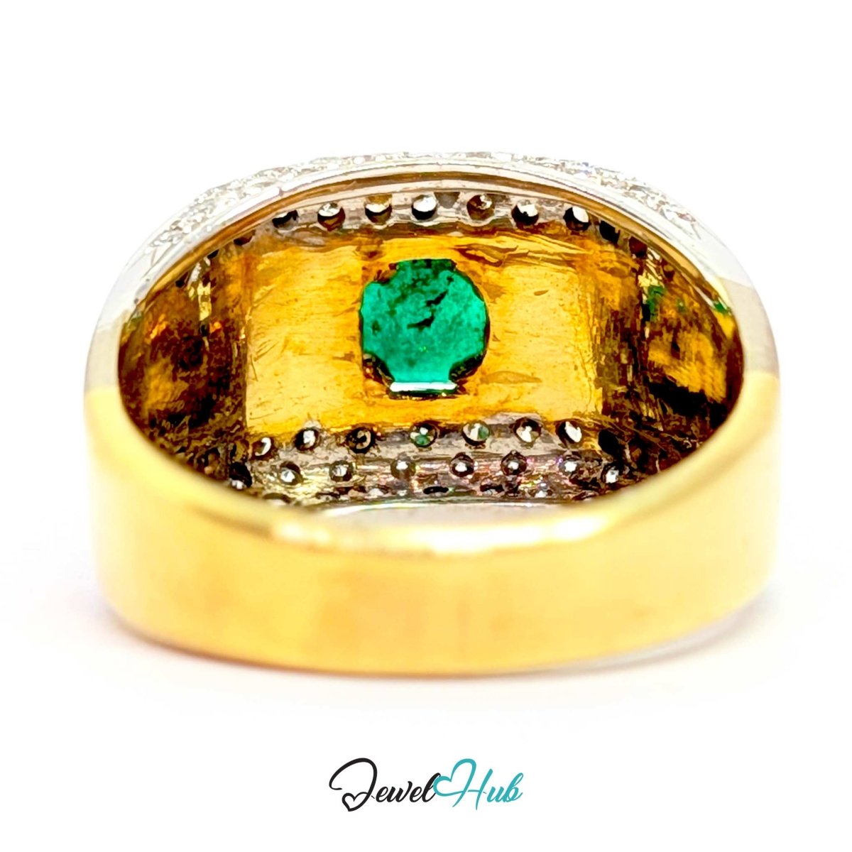A 14k gold ring with a central green gemstone, set with small clear stones along the band, shown on a white background with a JewelHub watermark.