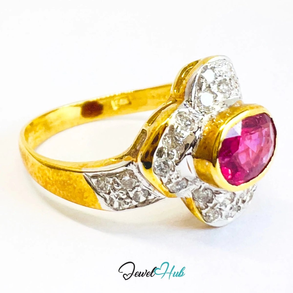 14K Gold Halo Ruby Ring · UK O · 1.38ct Gemstone · Floral Crest Design - JewelHub.co.uk