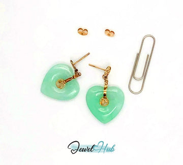 14K Gold Heart Jade Drop Earrings with Fok Pattern - JewelHub.co.uk