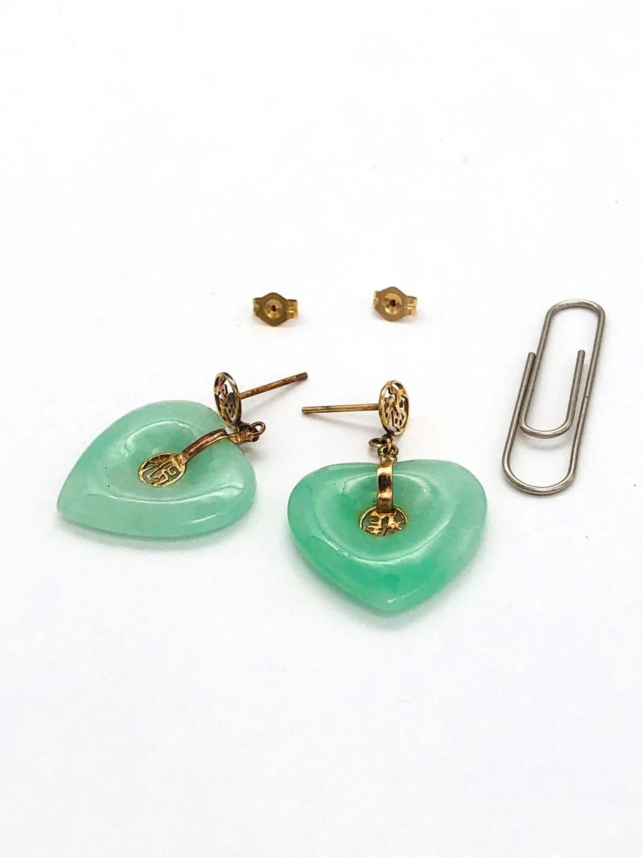 14K Gold Heart Jade Drop Earrings with Fok Pattern - JewelHub.co.uk