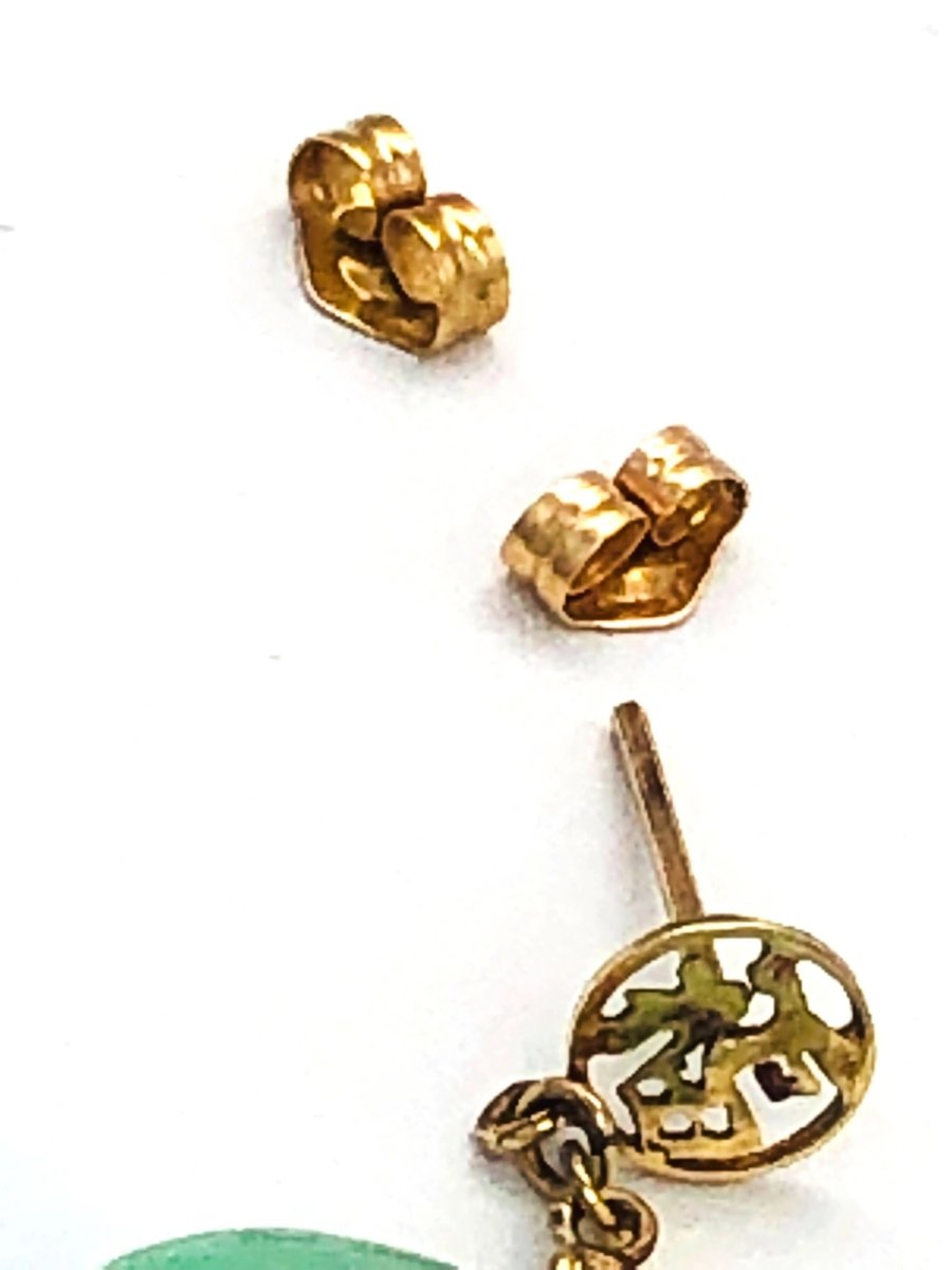 14K Gold Heart Jade Drop Earrings with Fok Pattern - JewelHub.co.uk