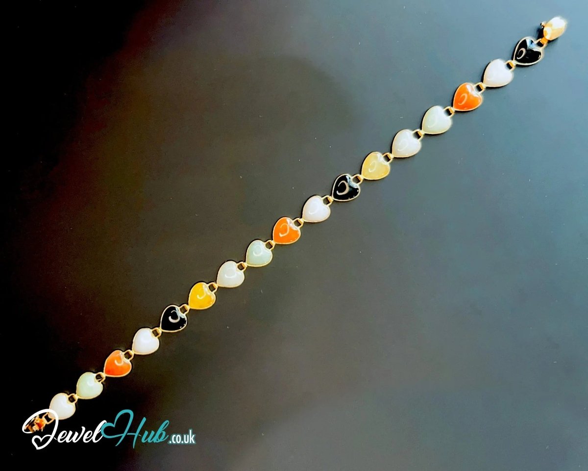 14K Gold Jade Bracelet (Heart) 17 Colorful Stones · 18cm · 5.86g · Hallmarked Wellness Jewelry - JewelHub.co.uk