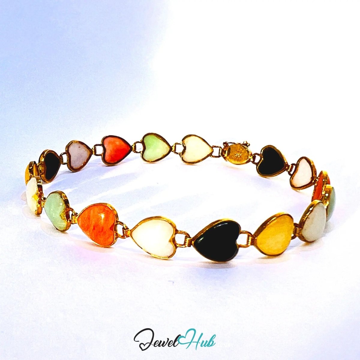 14K Gold Jade Bracelet (Heart) 17 Colorful Stones · 18cm · 5.86g · Hallmarked Wellness Jewelry - JewelHub.co.uk