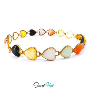 14K Gold Jade Bracelet (Heart) 17 Colorful Stones · 18cm · 5.86g · Hallmarked Wellness Jewelry - JewelHub.co.uk