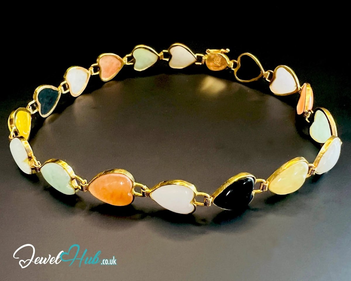 14K Gold Jade Bracelet (Heart) 17 Colorful Stones · 18cm · 5.86g · Hallmarked Wellness Jewelry - JewelHub.co.uk