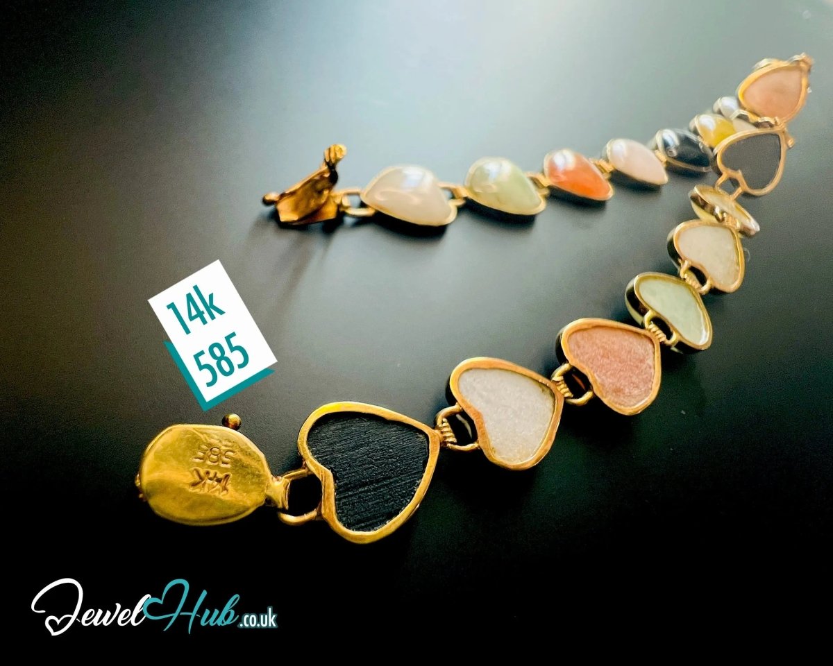 14K Gold Jade Bracelet (Heart) 17 Colorful Stones · 18cm · 5.86g · Hallmarked Wellness Jewelry - JewelHub.co.uk