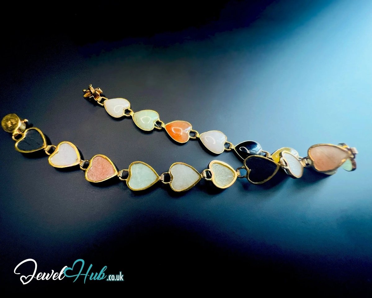 14K Gold Jade Bracelet (Heart) 17 Colorful Stones · 18cm · 5.86g · Hallmarked Wellness Jewelry - JewelHub.co.uk