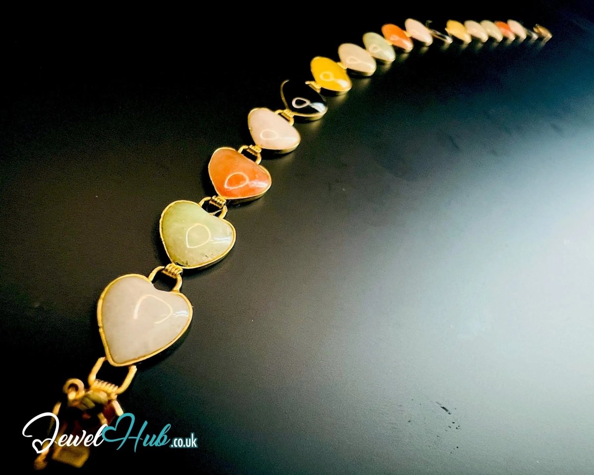 14K Gold Jade Bracelet (Heart) 17 Colorful Stones · 18cm · 5.86g · Hallmarked Wellness Jewelry - JewelHub.co.uk