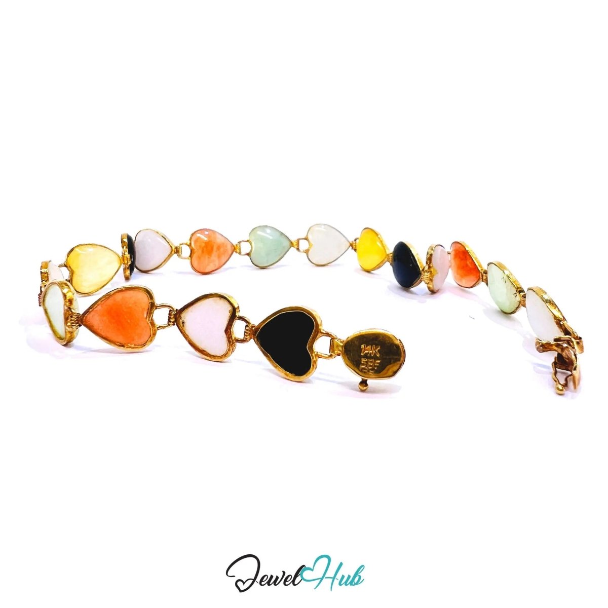 14K Gold Jade Bracelet (Heart) 17 Colorful Stones · 18cm · 5.86g · Hallmarked Wellness Jewelry - JewelHub.co.uk