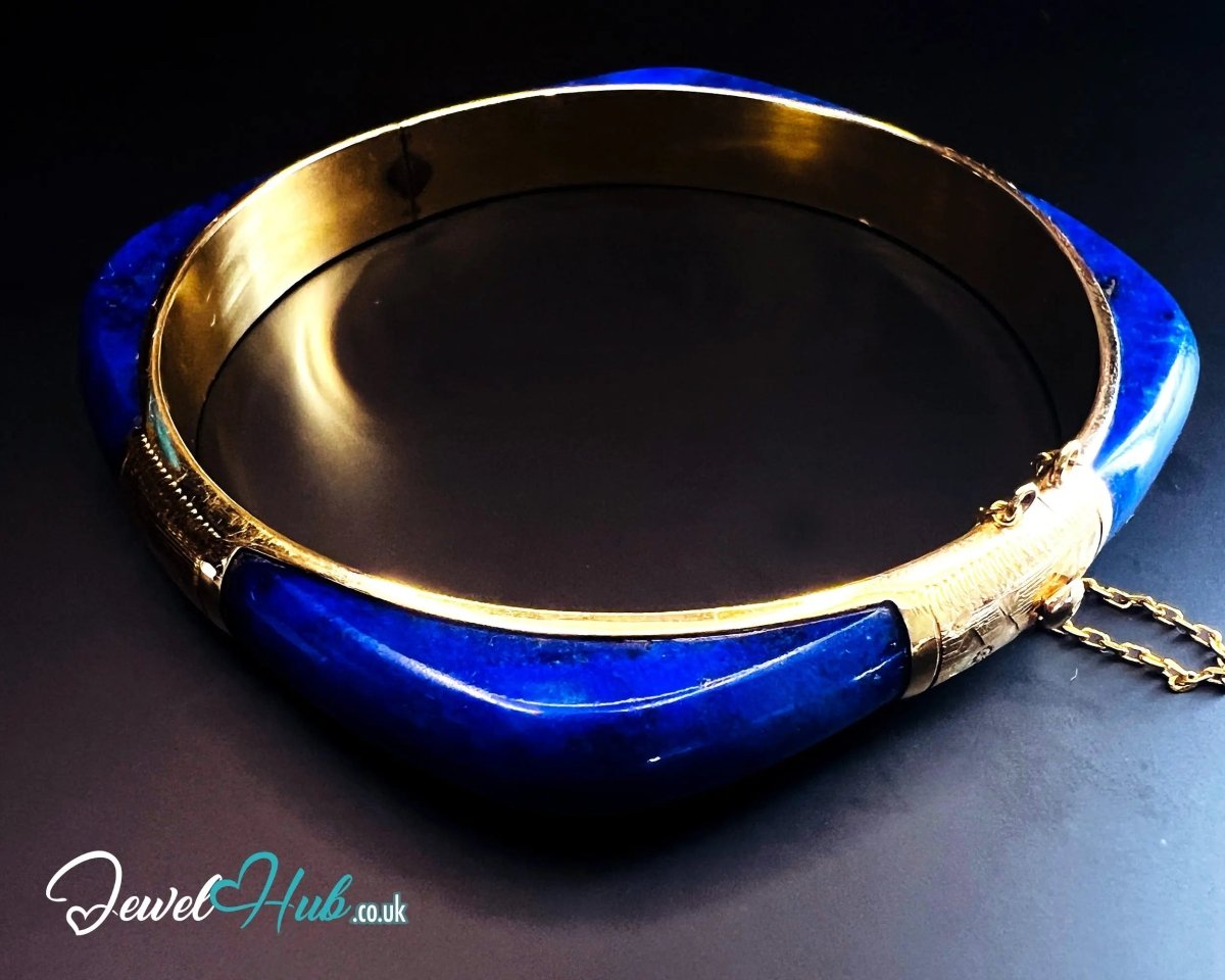 14K Gold Lapis Bangle – Sculptural Corner Design | 20.15g | 7.3mm Lapis | 5.5cm Inner Diameter | Artisan Statement Jewellery - JewelHub.co.uk