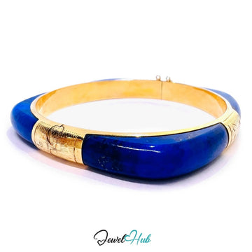 14K Gold Lapis Bangle – Sculptural Corner Design | 20.15g | 7.3mm Lapis | 5.5cm Inner Diameter | Artisan Statement Jewellery - JewelHub.co.uk