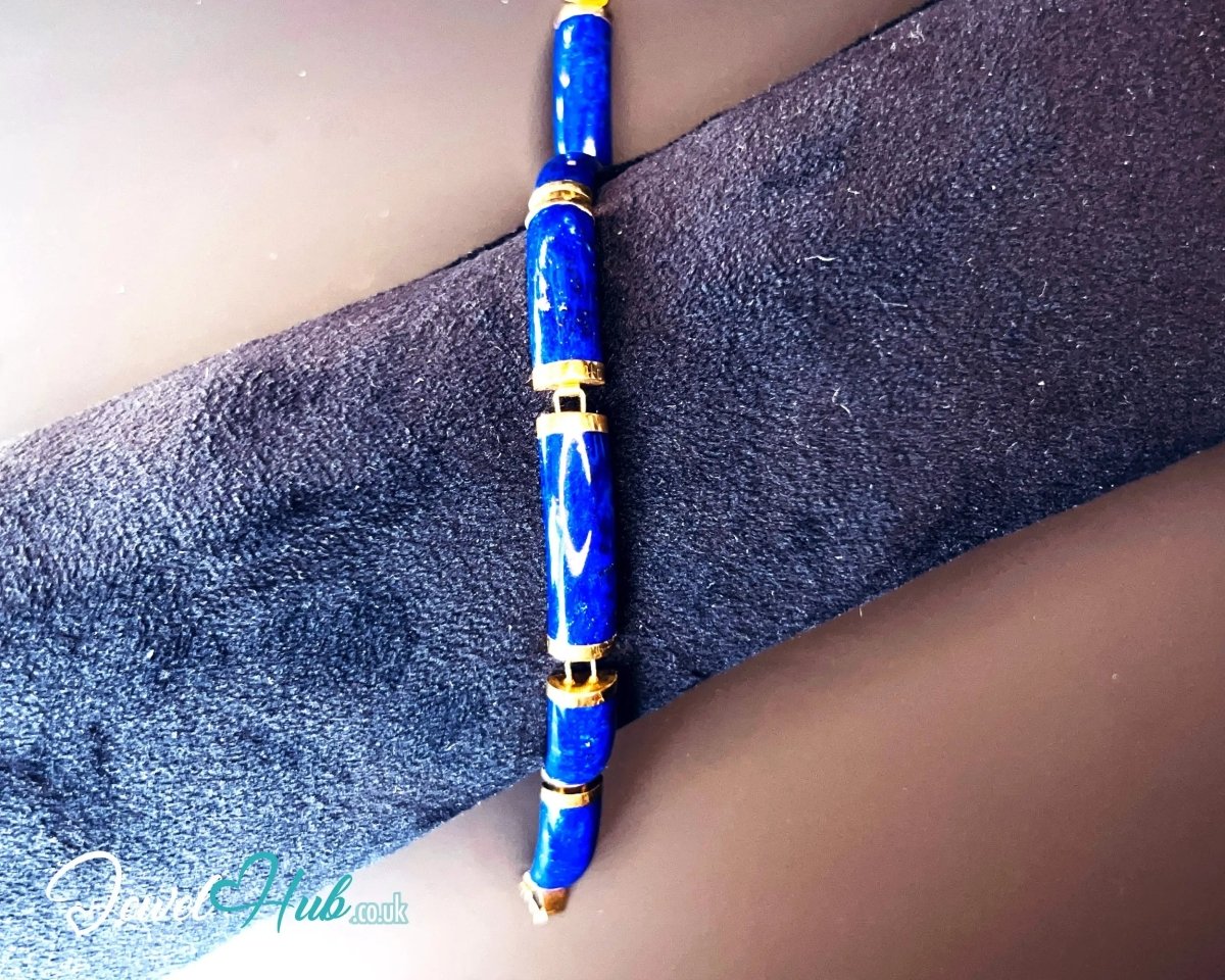 14K Gold Lapis Bracelet (Lazuli) 6 Sculptural Gemstones | Hallmarked | 11.96g | 18cm Wellness Jewellery - JewelHub.co.uk