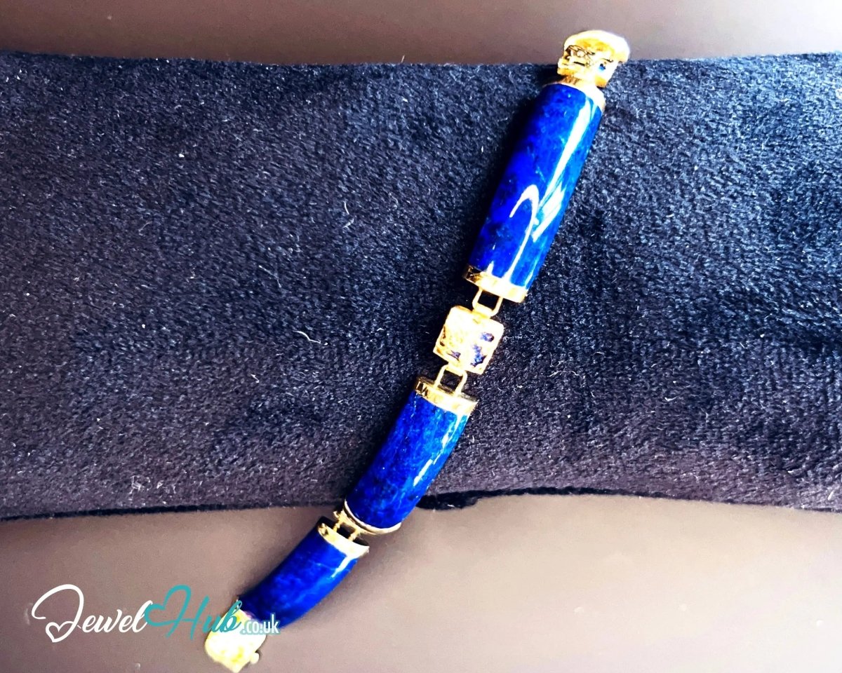 14K Gold Lapis Lazuli Bracelet – 4 Sculptural Gemstones + 3 Dragon Motifs | 11.96g | 18cm | Symbolic Artisan Jewellery - JewelHub.co.uk