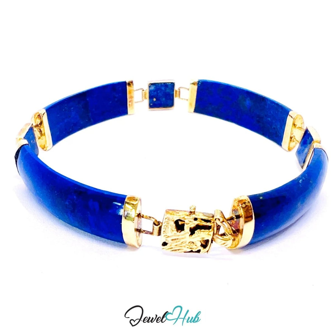 14K Gold Lapis Lazuli Bracelet – 4 Sculptural Gemstones + 3 Dragon Motifs | 11.96g | 18cm | Symbolic Artisan Jewellery - JewelHub.co.uk