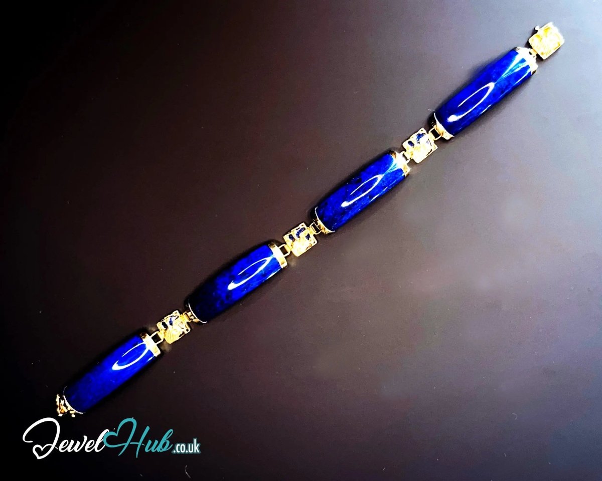 14K Gold Lapis Lazuli Bracelet – 4 Sculptural Gemstones + 3 Dragon Motifs | 11.96g | 18cm | Symbolic Artisan Jewellery - JewelHub.co.uk