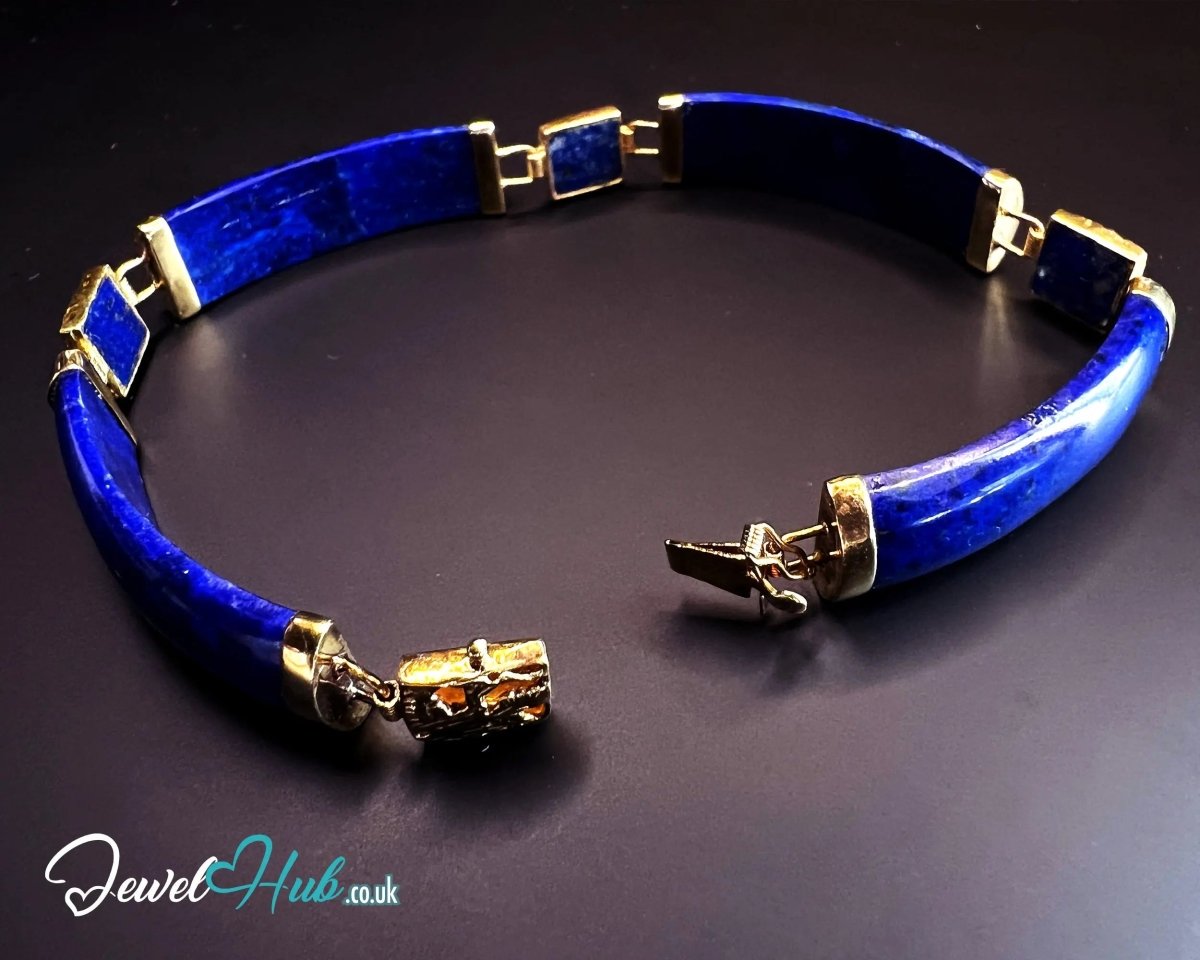 14K Gold Lapis Lazuli Bracelet – 4 Sculptural Gemstones + 3 Dragon Motifs | 11.96g | 18cm | Symbolic Artisan Jewellery - JewelHub.co.uk