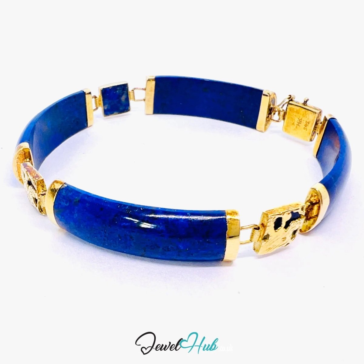 14K Gold Lapis Lazuli Bracelet – 4 Sculptural Gemstones + 3 Dragon Motifs | 11.96g | 18cm | Symbolic Artisan Jewellery - JewelHub.co.uk
