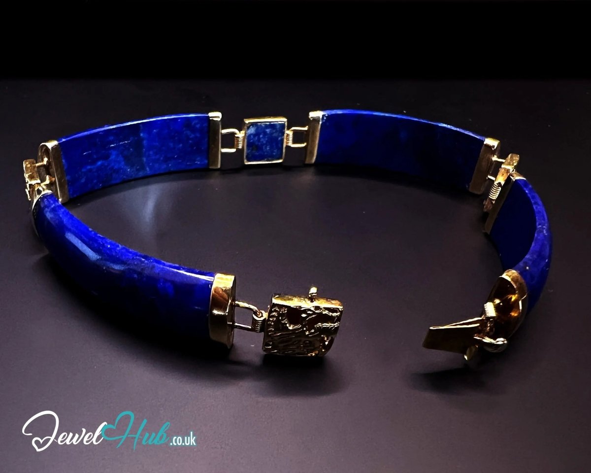 14K Gold Lapis Lazuli Bracelet – 4 Sculptural Gemstones + 3 Dragon Motifs | 11.96g | 18cm | Symbolic Artisan Jewellery - JewelHub.co.uk