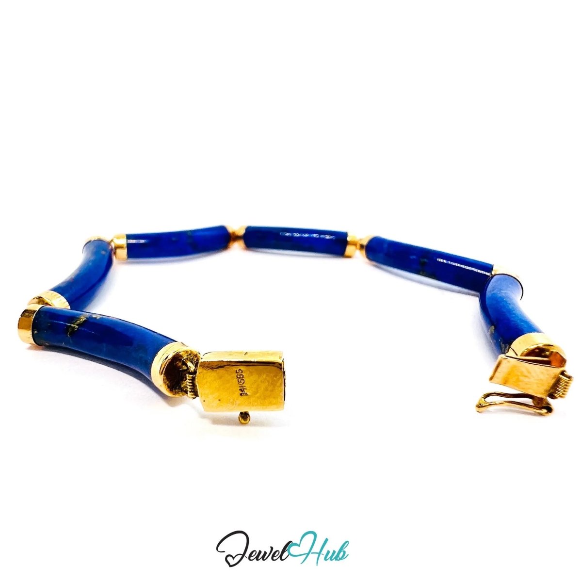 14K Gold Lapis Lazuli Bracelet (Hallmarked) 6 Cylindrical Stones | 9.82g | Hallmarked | Traditional & Wellness - Inspired - JewelHub.co.uk