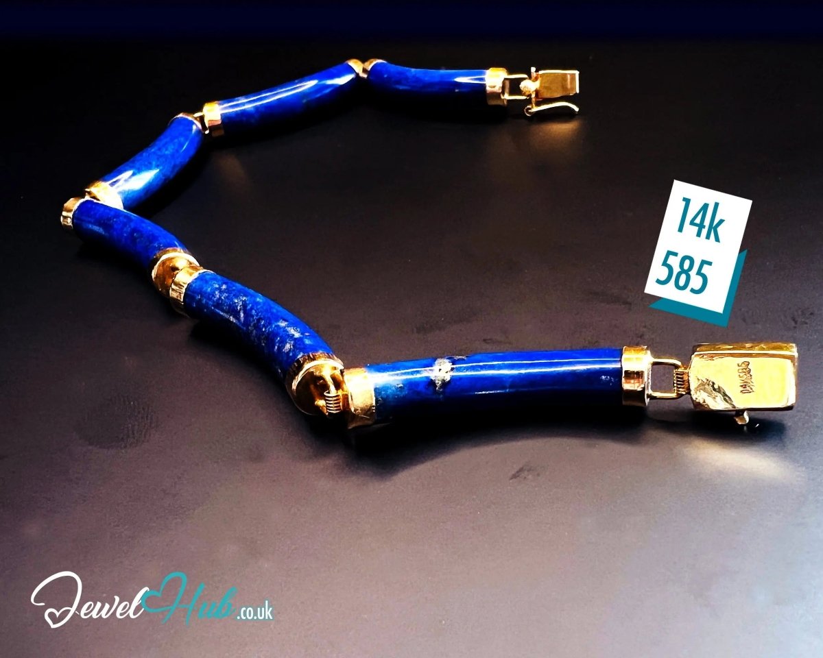 14K Gold Lapis Lazuli Bracelet (Hallmarked) 6 Cylindrical Stones | 9.82g | Hallmarked | Traditional & Wellness - Inspired - JewelHub.co.uk