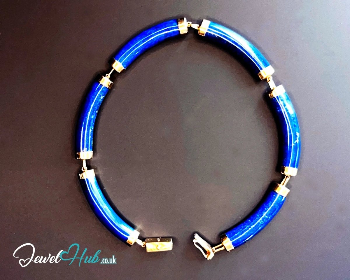 14K Gold Lapis Lazuli Bracelet (Hallmarked) 6 Cylindrical Stones | 9.82g | Hallmarked | Traditional & Wellness - Inspired - JewelHub.co.uk