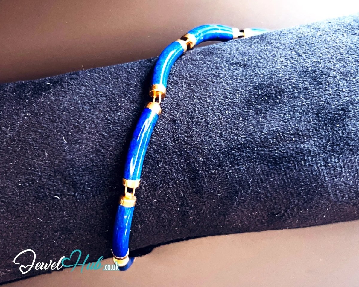 14K Gold Lapis Lazuli Bracelet (Hallmarked) 6 Cylindrical Stones | 9.82g | Hallmarked | Traditional & Wellness - Inspired - JewelHub.co.uk