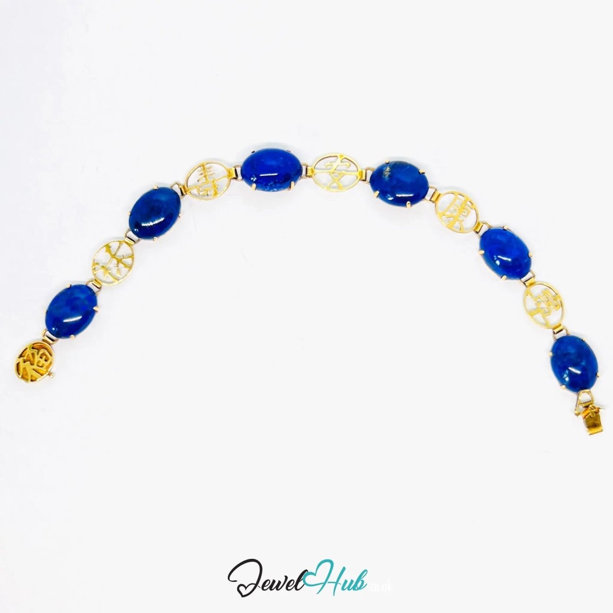 14K Gold Lapis Lazuli Bracelet – Hallmarked | 6 Oval Gemstones + 福祿壽安康寧 Charms | 8.95g Traditional Wellness Jewellery - JewelHub.co.uk