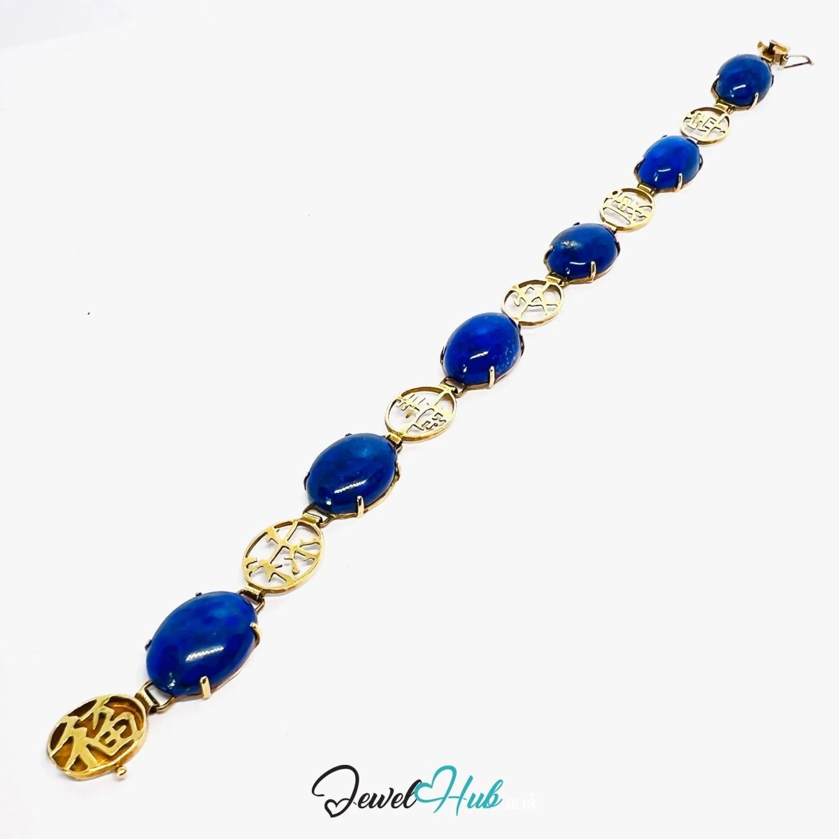 14K Gold Lapis Lazuli Bracelet – Hallmarked | 6 Oval Gemstones + 福祿壽安康寧 Charms | 8.95g Traditional Wellness Jewellery - JewelHub.co.uk
