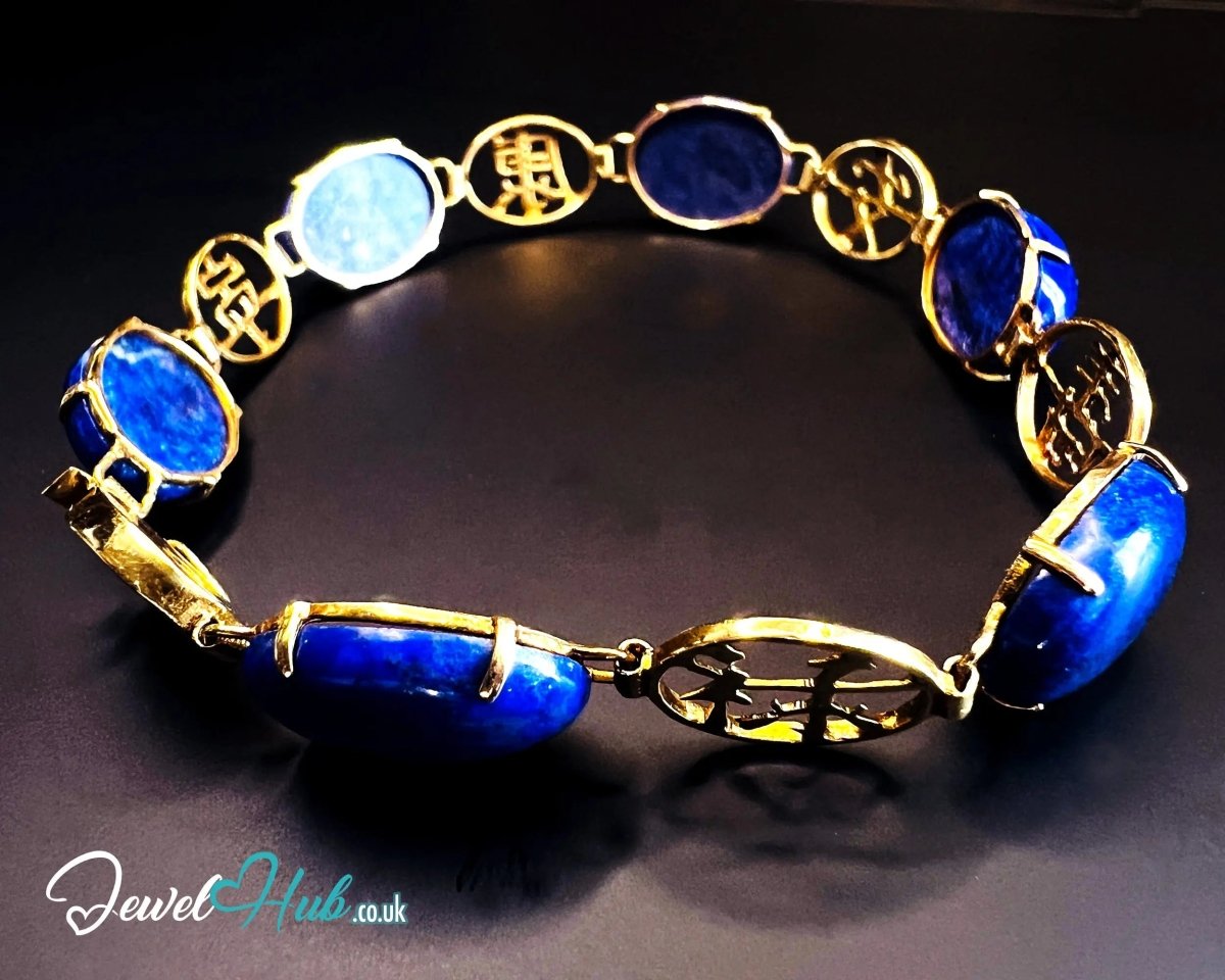 14K Gold Lapis Lazuli Bracelet – Hallmarked | 6 Oval Gemstones + 福祿壽安康寧 Charms | 8.95g Traditional Wellness Jewellery - JewelHub.co.uk