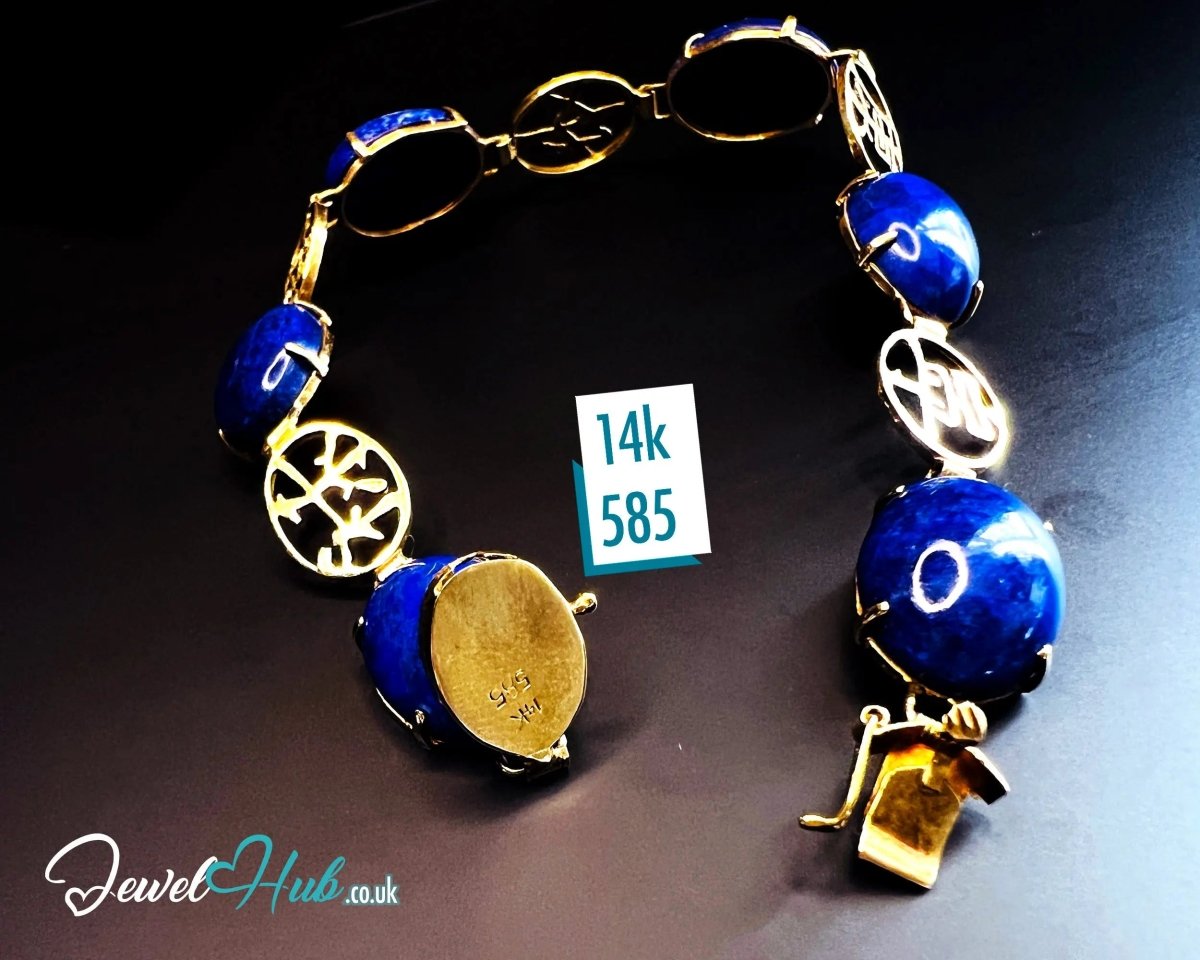 14K Gold Lapis Lazuli Bracelet – Hallmarked | 6 Oval Gemstones + 福祿壽安康寧 Charms | 8.95g Traditional Wellness Jewellery - JewelHub.co.uk