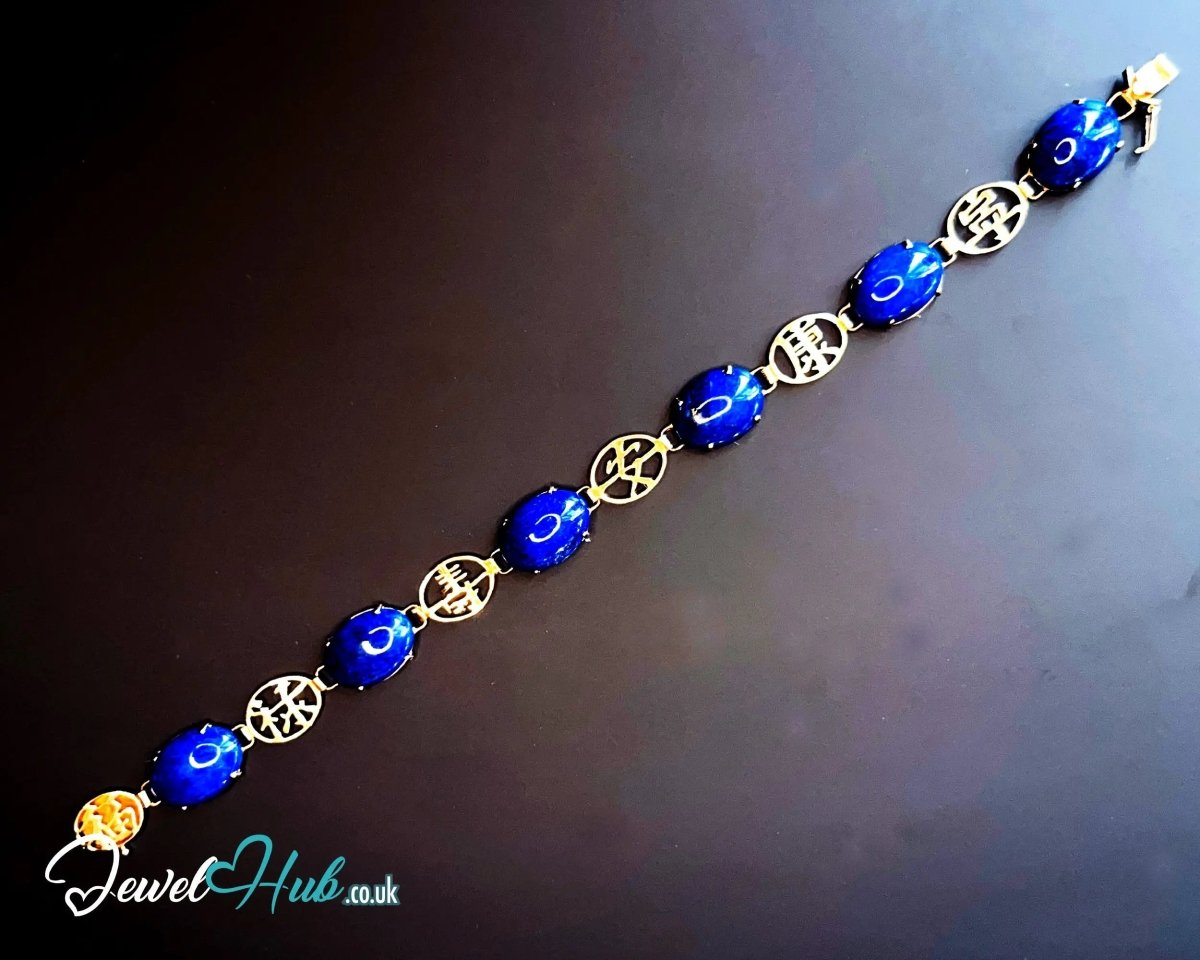 14K Gold Lapis Lazuli Bracelet – Hallmarked | 6 Oval Gemstones + 福祿壽安康寧 Charms | 8.95g Traditional Wellness Jewellery - JewelHub.co.uk