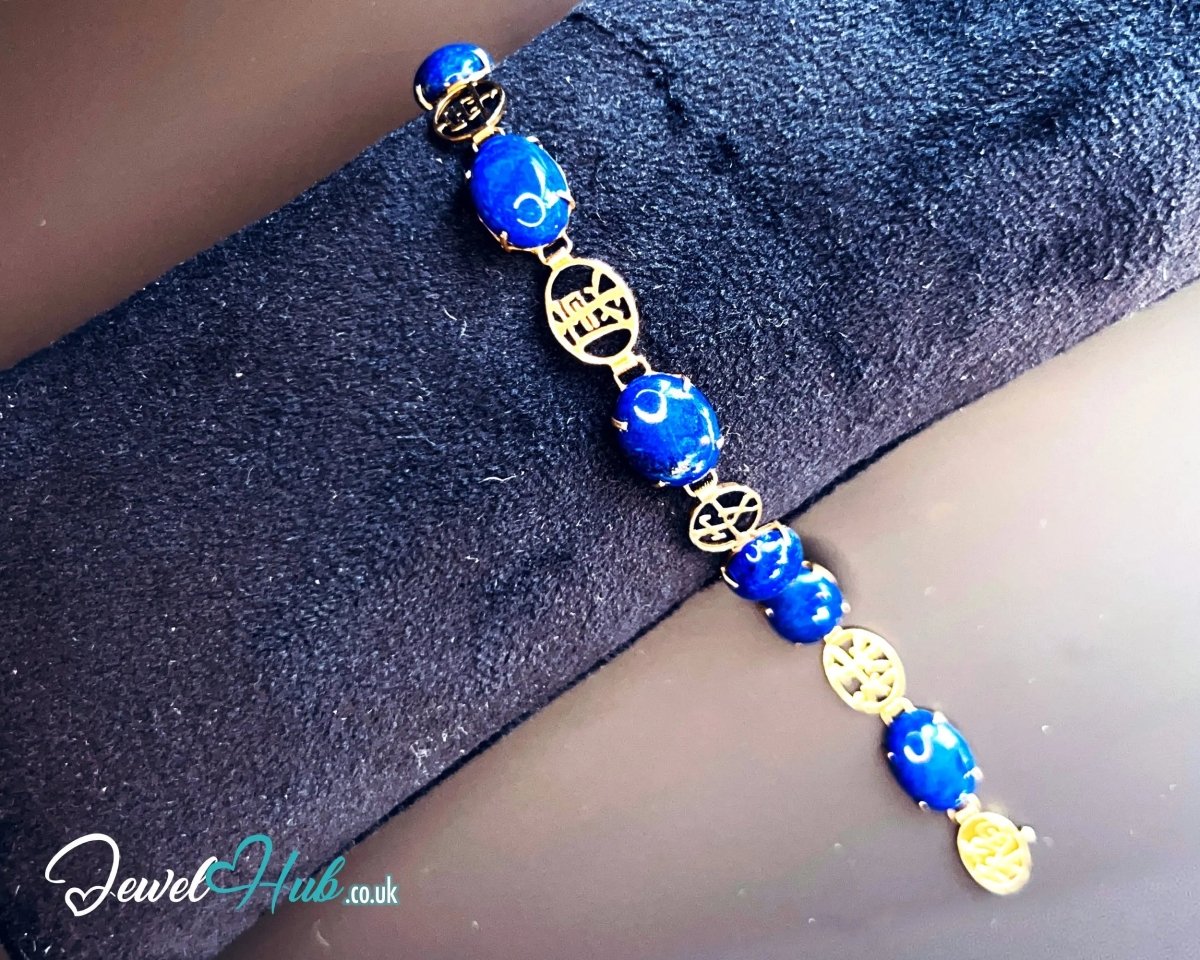 14K Gold Lapis Lazuli Bracelet – Hallmarked | 6 Oval Gemstones + 福祿壽安康寧 Charms | 8.95g Traditional Wellness Jewellery - JewelHub.co.uk