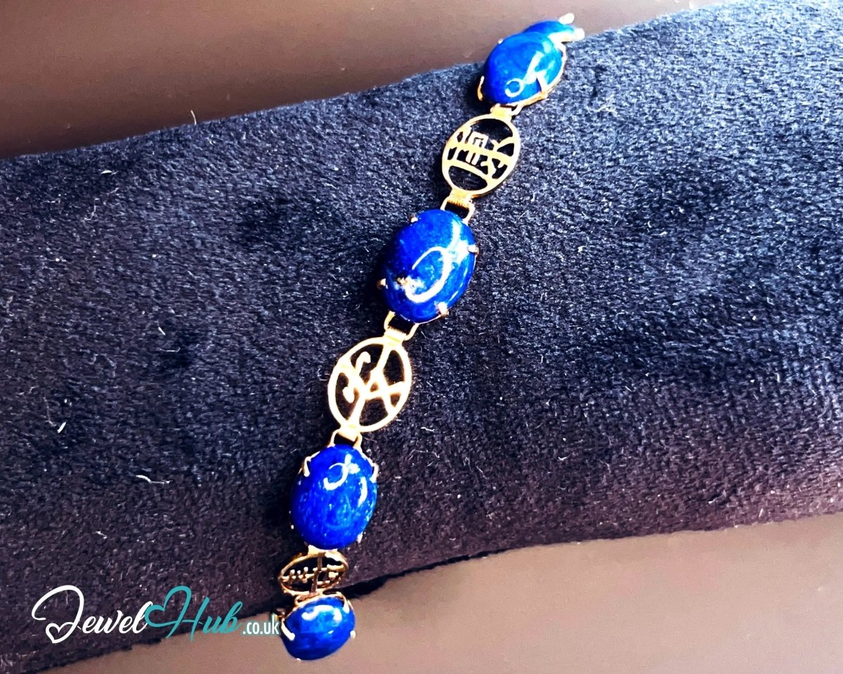 14K Gold Lapis Lazuli Bracelet – Hallmarked | 6 Oval Gemstones + 福祿壽安康寧 Charms | 8.95g Traditional Wellness Jewellery - JewelHub.co.uk