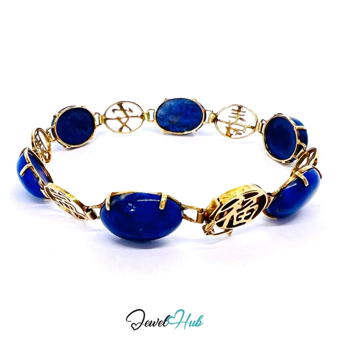 14K Gold Lapis Lazuli Bracelet – Hallmarked | 6 Oval Gemstones + 福祿壽安康寧 Charms | 8.95g Traditional Wellness Jewellery - JewelHub.co.uk