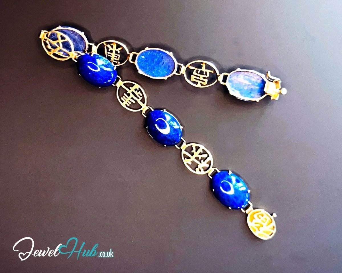 14K Gold Lapis Lazuli Bracelet – Hallmarked | 6 Oval Gemstones + 福祿壽安康寧 Charms | 8.95g Traditional Wellness Jewellery - JewelHub.co.uk