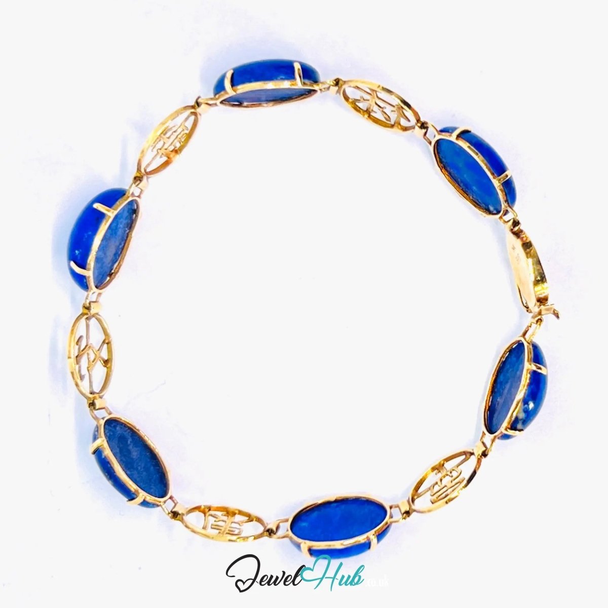 14K Gold Lapis Lazuli Bracelet – Hallmarked | 6 Oval Gemstones + 福祿壽安康寧 Charms | 8.95g Traditional Wellness Jewellery - JewelHub.co.uk