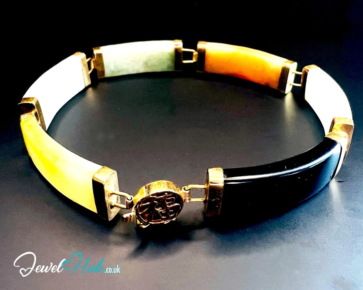 14K Gold Multi - Color Jade Bracelet – 6 Polished Segments · Hallmarked - JewelHub.co.uk