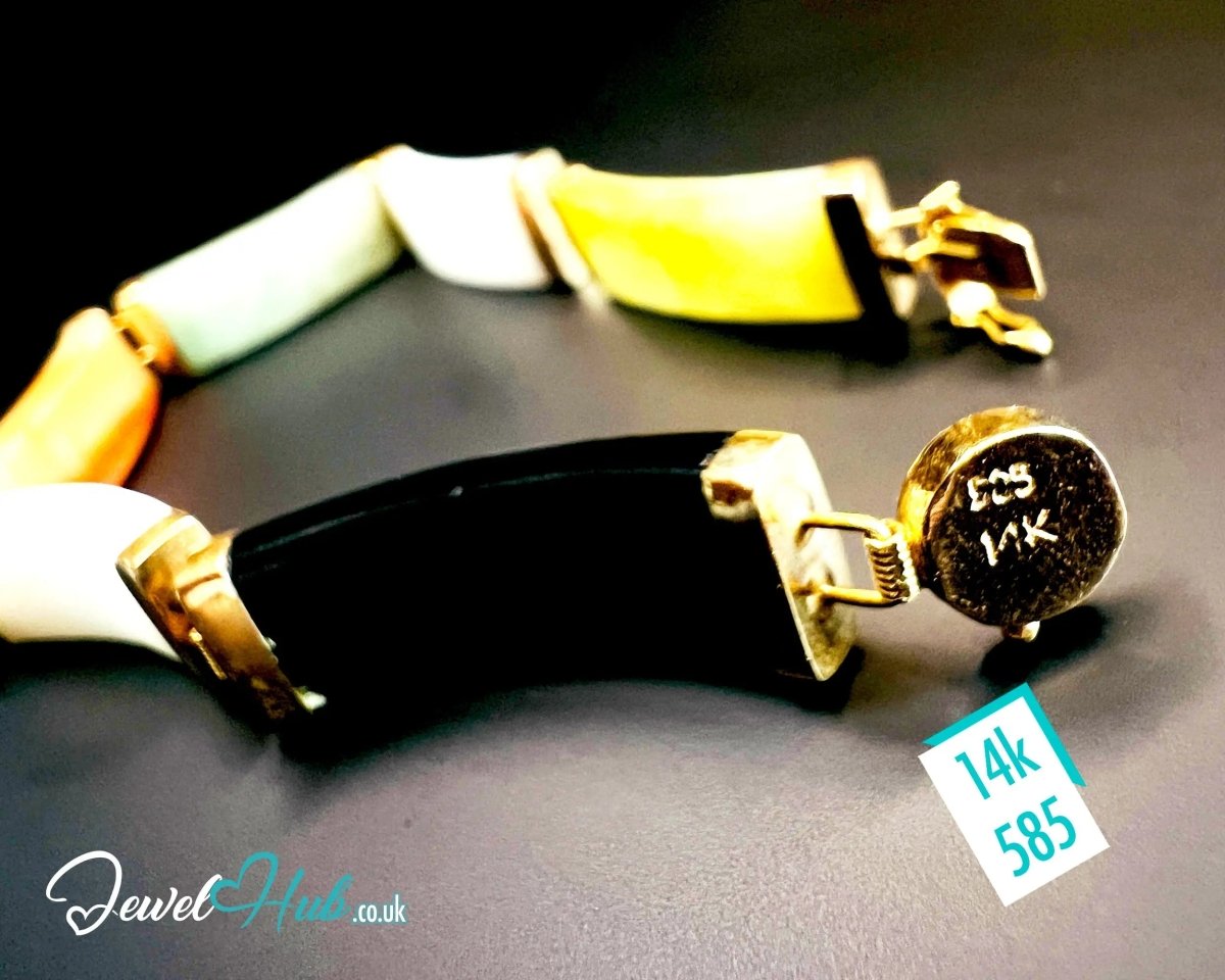 14K Gold Multi - Color Jade Bracelet – 6 Polished Segments · Hallmarked - JewelHub.co.uk