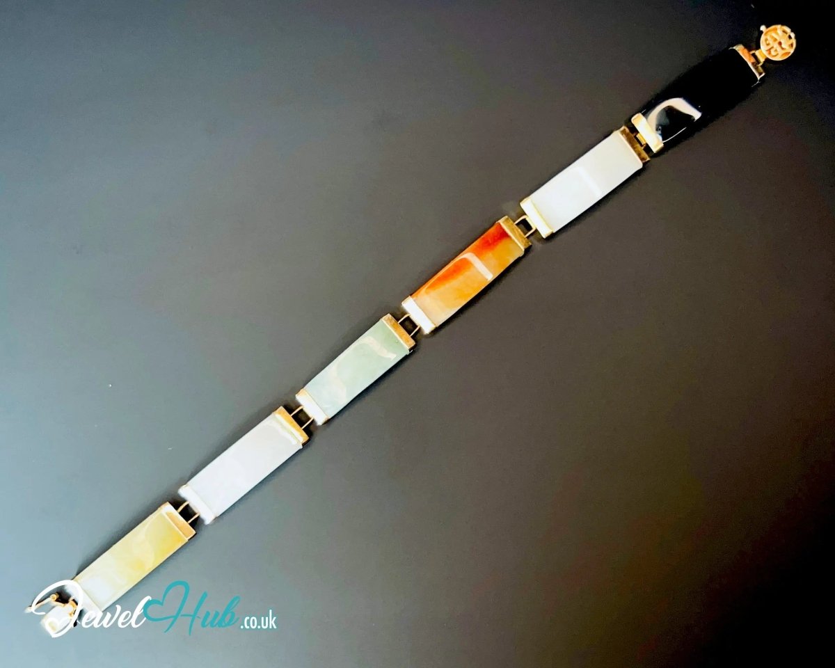 14K Gold Multi - Color Jade Bracelet – 6 Polished Segments · Hallmarked - JewelHub.co.uk