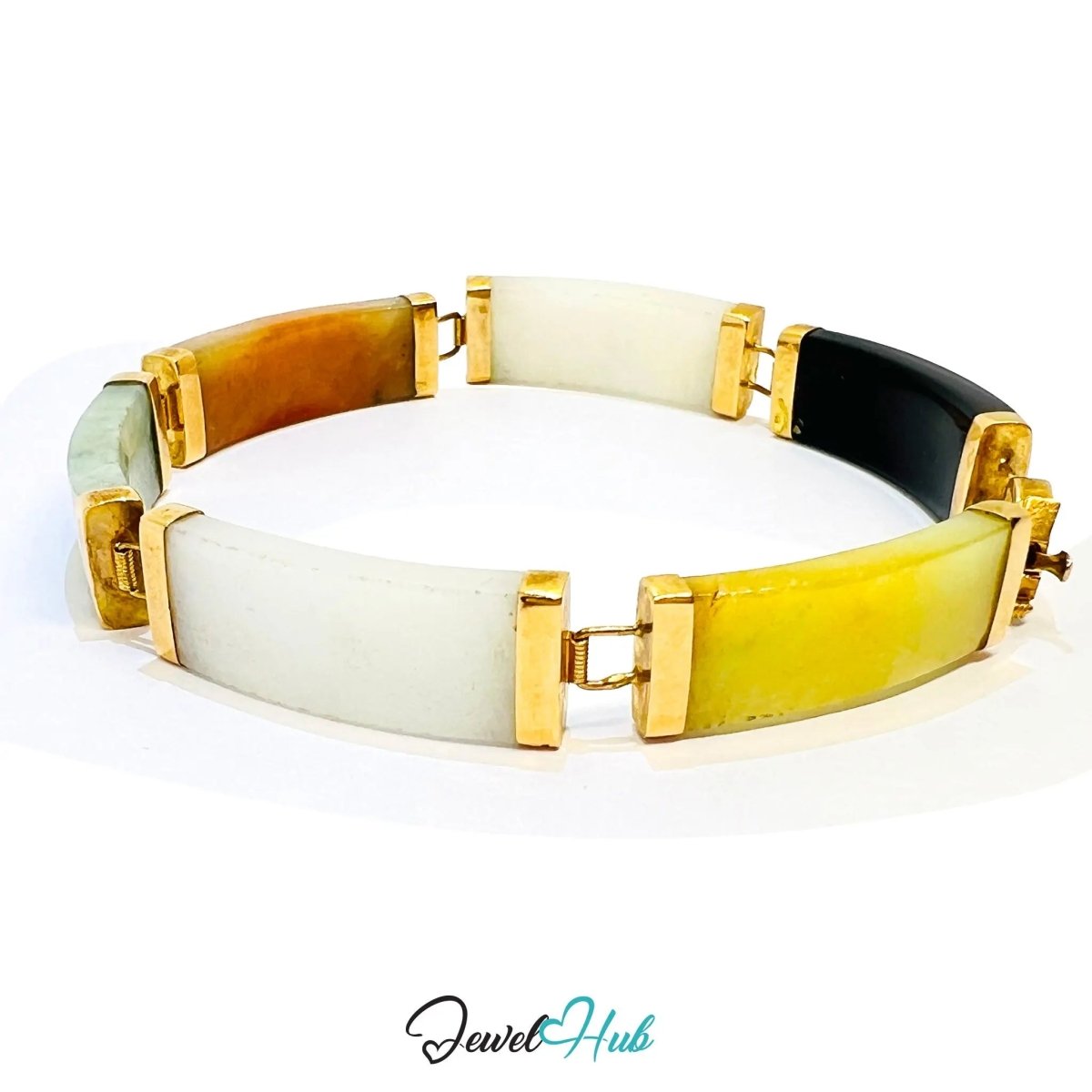 14K Gold Multi - Color Jade Bracelet – 6 Polished Segments · Hallmarked - JewelHub.co.uk