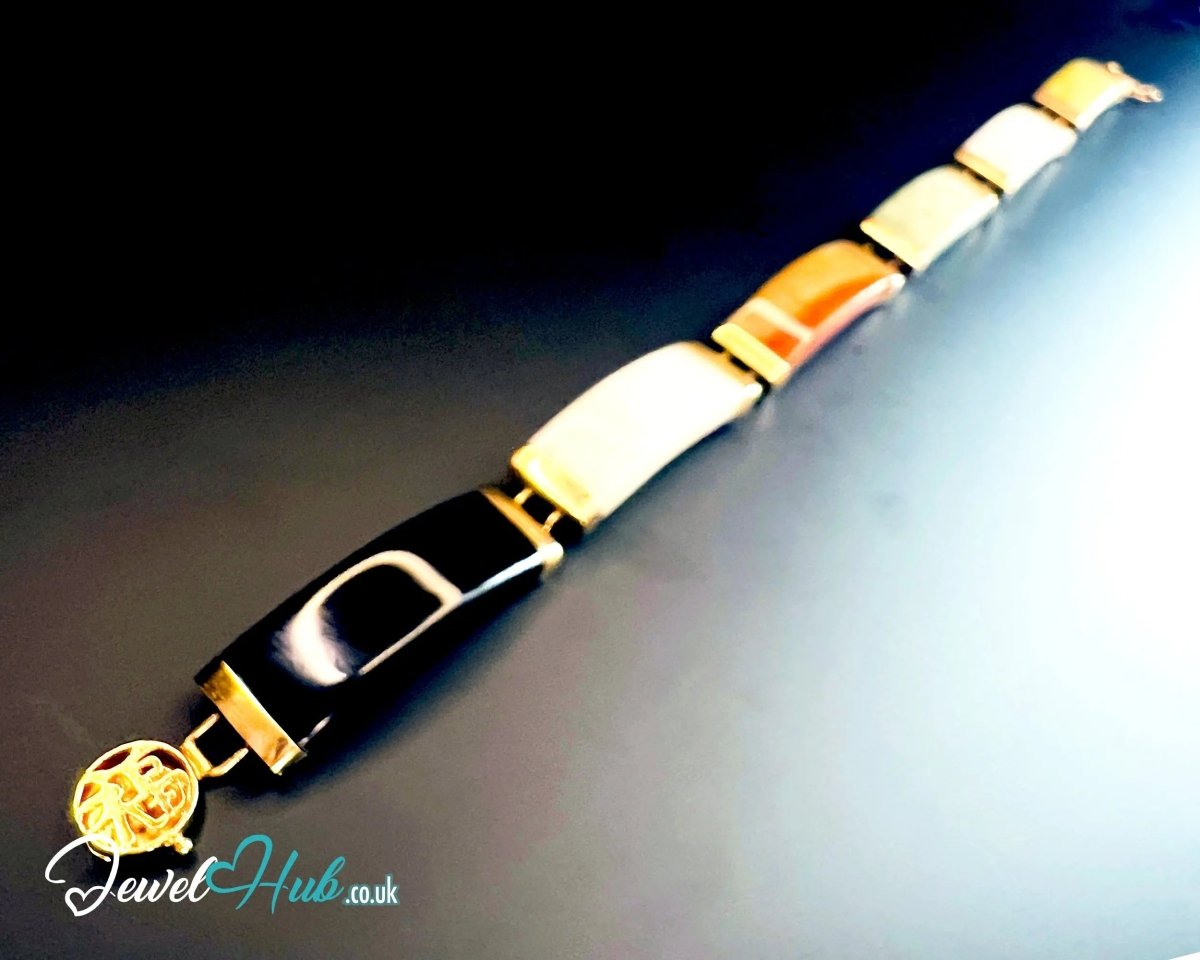 14K Gold Multi - Color Jade Bracelet – 6 Polished Segments · Hallmarked - JewelHub.co.uk