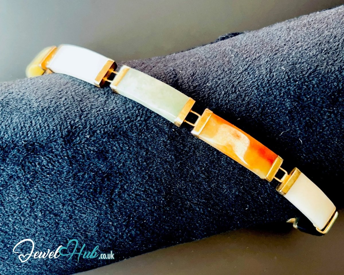 14K Gold Multi - Color Jade Bracelet – 6 Polished Segments · Hallmarked - JewelHub.co.uk